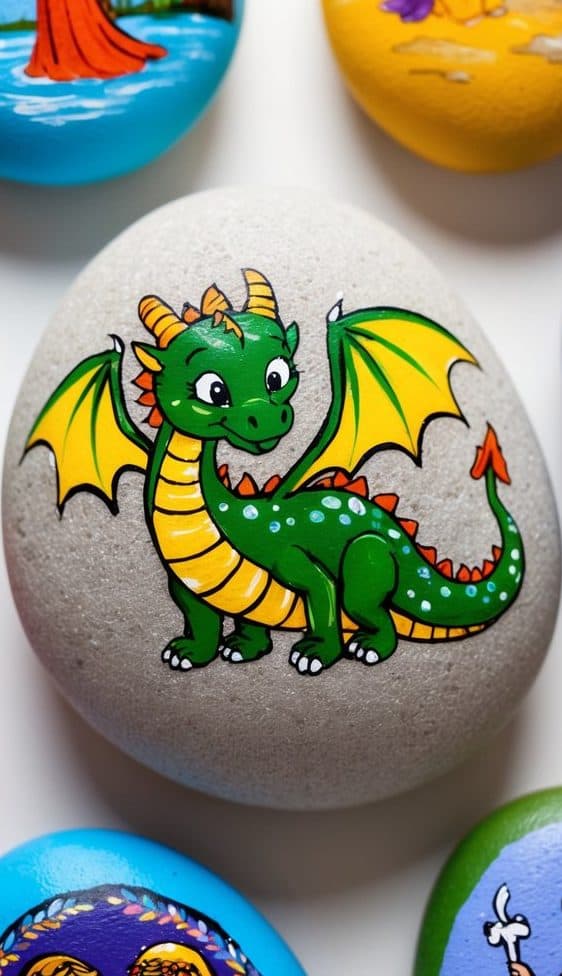 Hand-painted rock featuring a cartoon green dragon with yellow wings, orange spikes, and a cheerful expression.