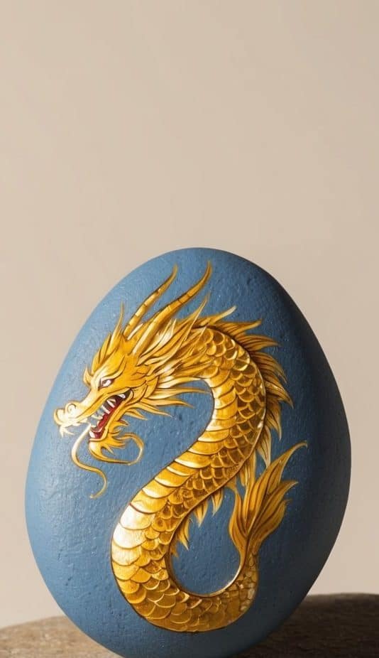 Majestic gold dragon with detailed scales on a sapphire-blue painted rock.