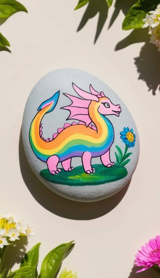 Whimsical dragon painted in pink and rainbow tones with cartoon-style wings and a flower beside it.