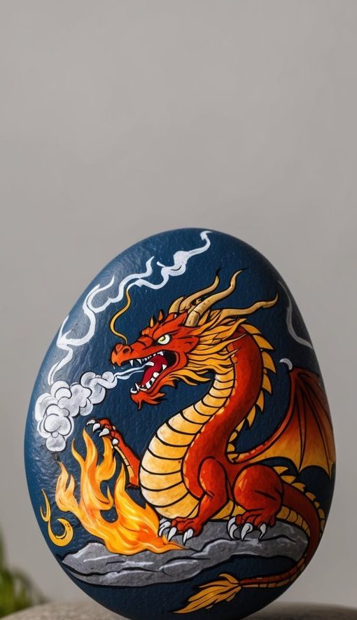 Fiery red Chinese-style dragon painted with smoke and flame on dark stone.