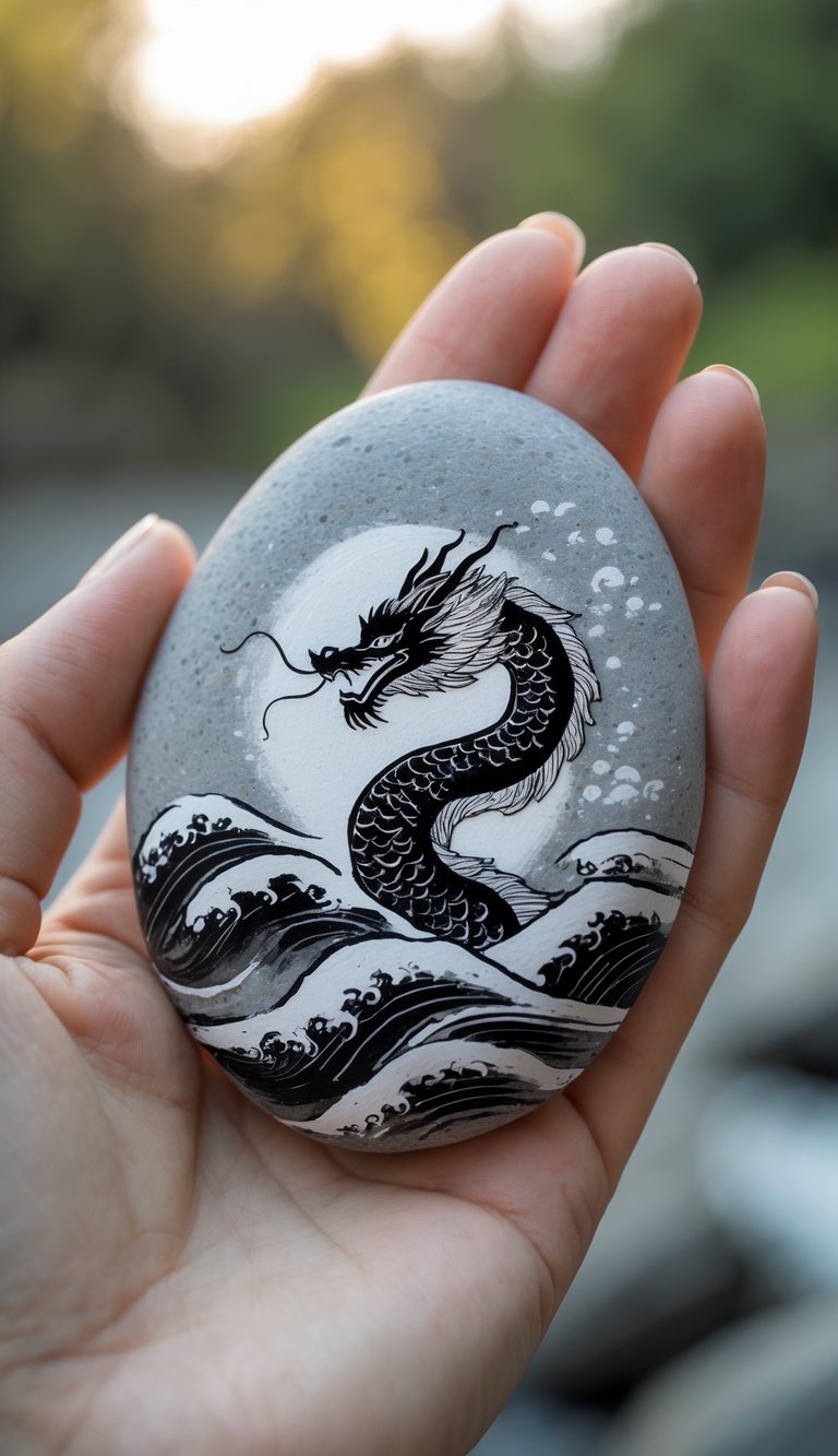 Painted rock showing a black East Asian-style dragon emerging from stylized black-and-white waves—perfect for dramatic dragon painted rock ideas.