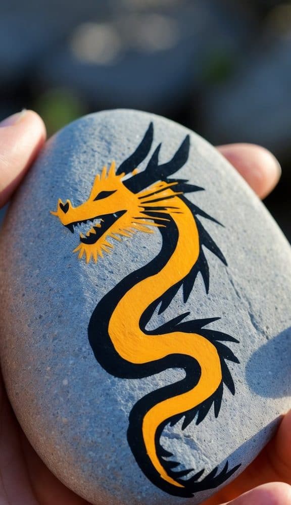 Hand holding a painted rock with a bright yellow and black stylized dragon, ideal for energetic dragon painted rock ideas.