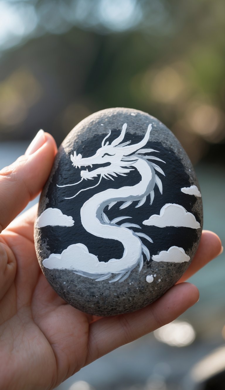 Rock art of a white dragon and clouds in a flowing, traditional style over black—fitting for graceful dragon painted rock ideas.