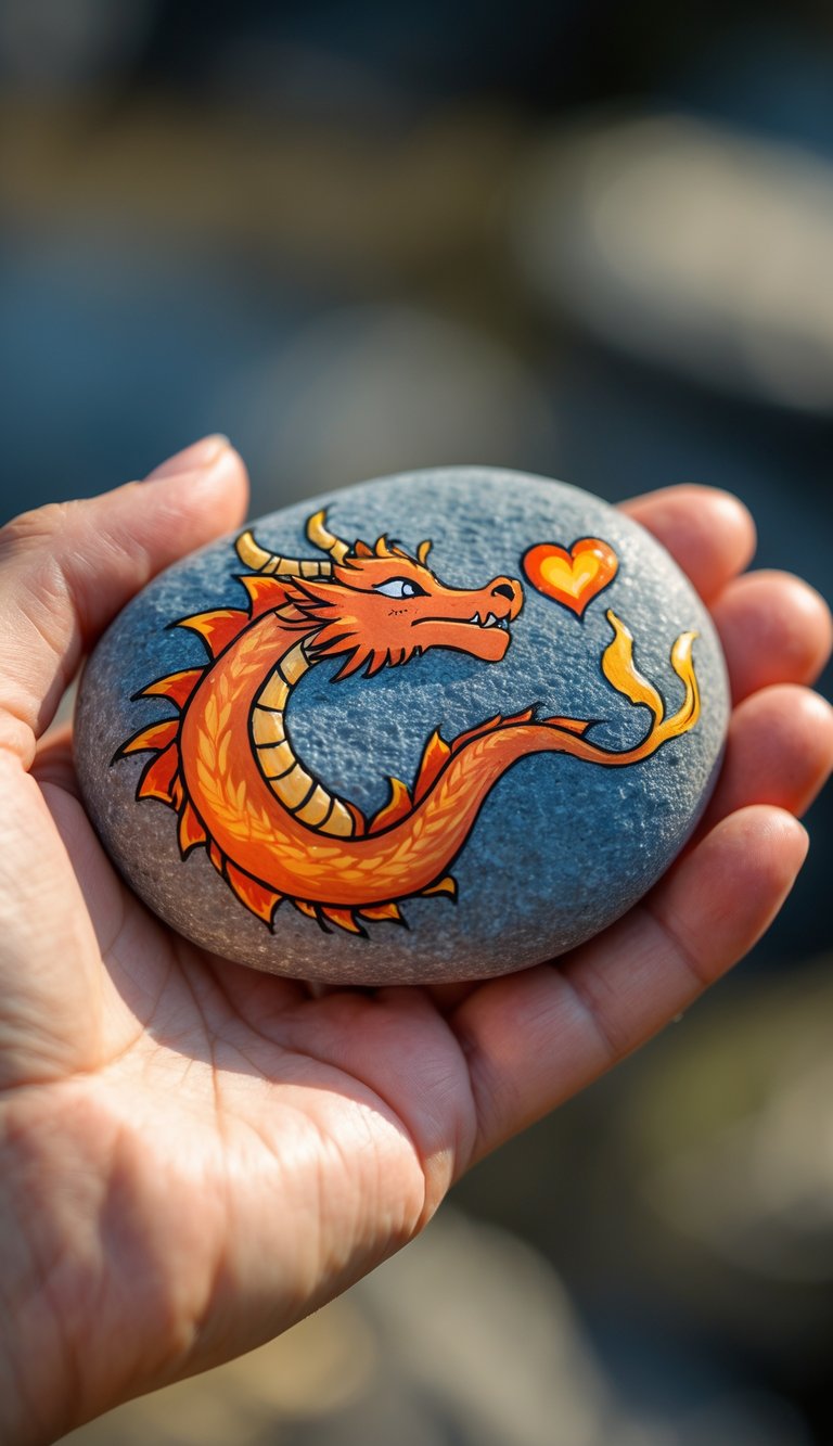 Rock art of a happy orange dragon with yellow accents blowing a fire heart—ideal for loving, fantasy-style dragon painted rock ideas.