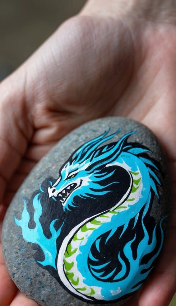 Rock painted with a coiled blue dragon with green accents and fire-styled edges—perfect for high-energy dragon painted rock ideas.