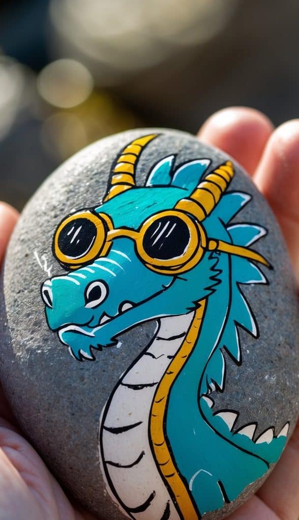Rock painting of a cartoon-style dragon wearing sunglasses with teal skin and yellow horns—great for whimsical dragon painted rock ideas.