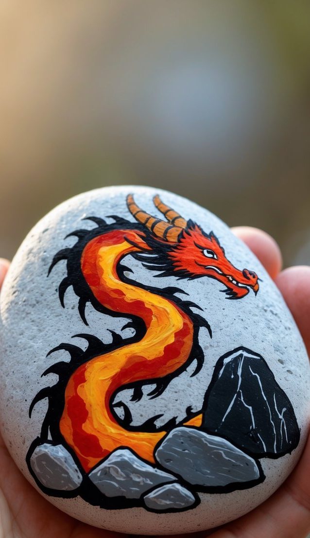 Painted stone featuring a glowing flame-colored dragon slithering through rocks—ideal for earth-and-fire-themed dragon painted rock ideas.
