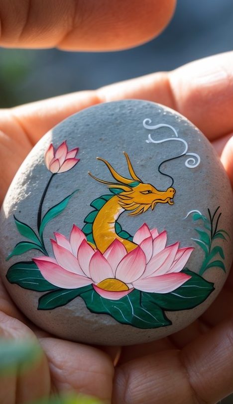 Hand-painted rock featuring a yellow dragon in a lotus flower with smoke and surrounding blooms—perfect for elegant and symbolic dragon painted rock ideas.