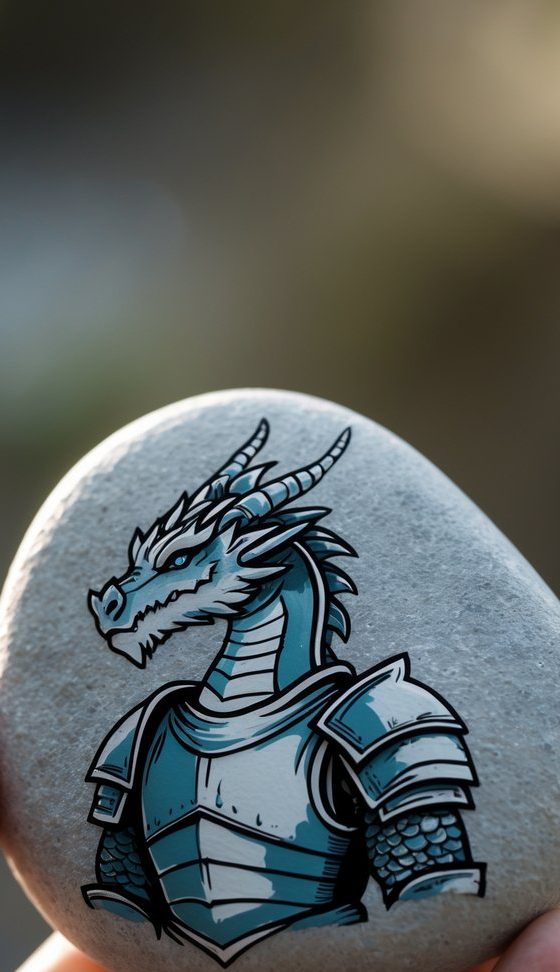 A strong, blue-toned dragon stands in full plate armor, its sharp gaze and spiral horns giving it a noble, battle-ready presence. This detailed and serious design stands tall among dragon painted rock ideas that evoke honor, strength, and fantasy lore.