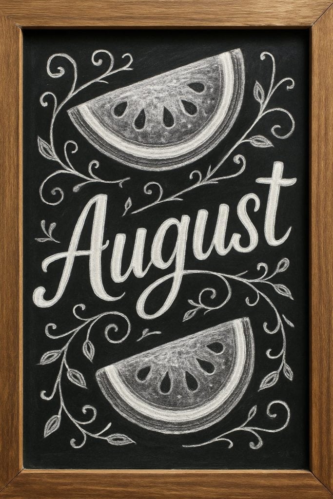 A chalkboard drawing with the word "August" in cursive, framed by two watermelon slices and decorative vines, all sketched in white chalk within a wooden frame.
