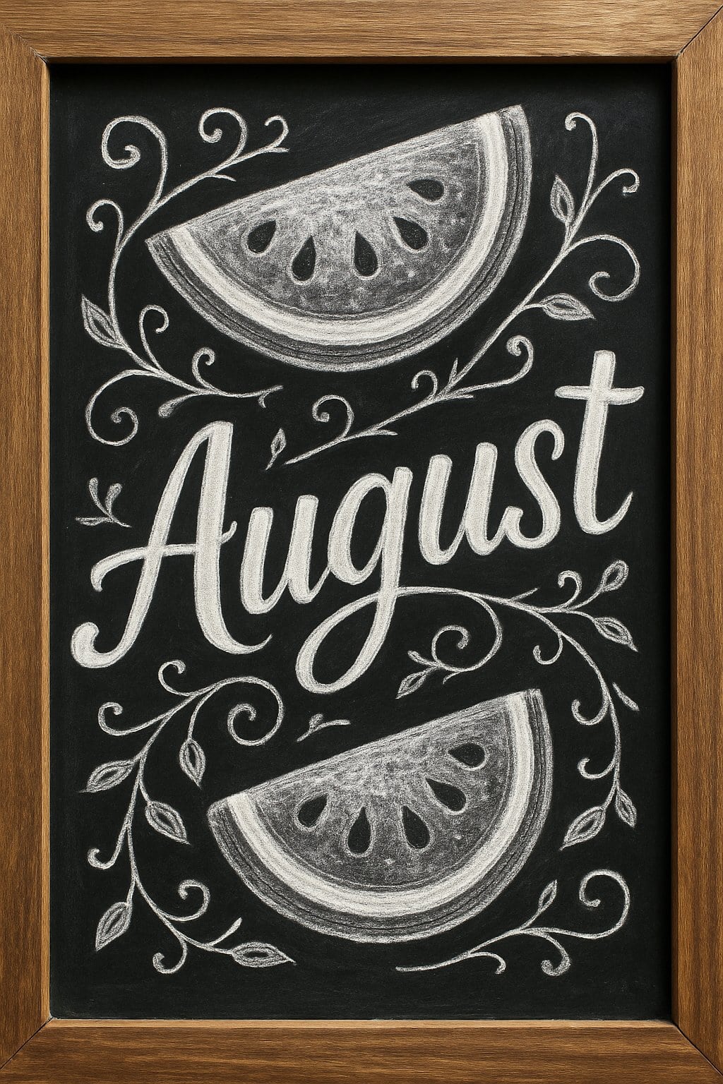 A chalkboard drawing with the word "August" in cursive, framed by two watermelon slices and decorative vines, all sketched in white chalk within a wooden frame.