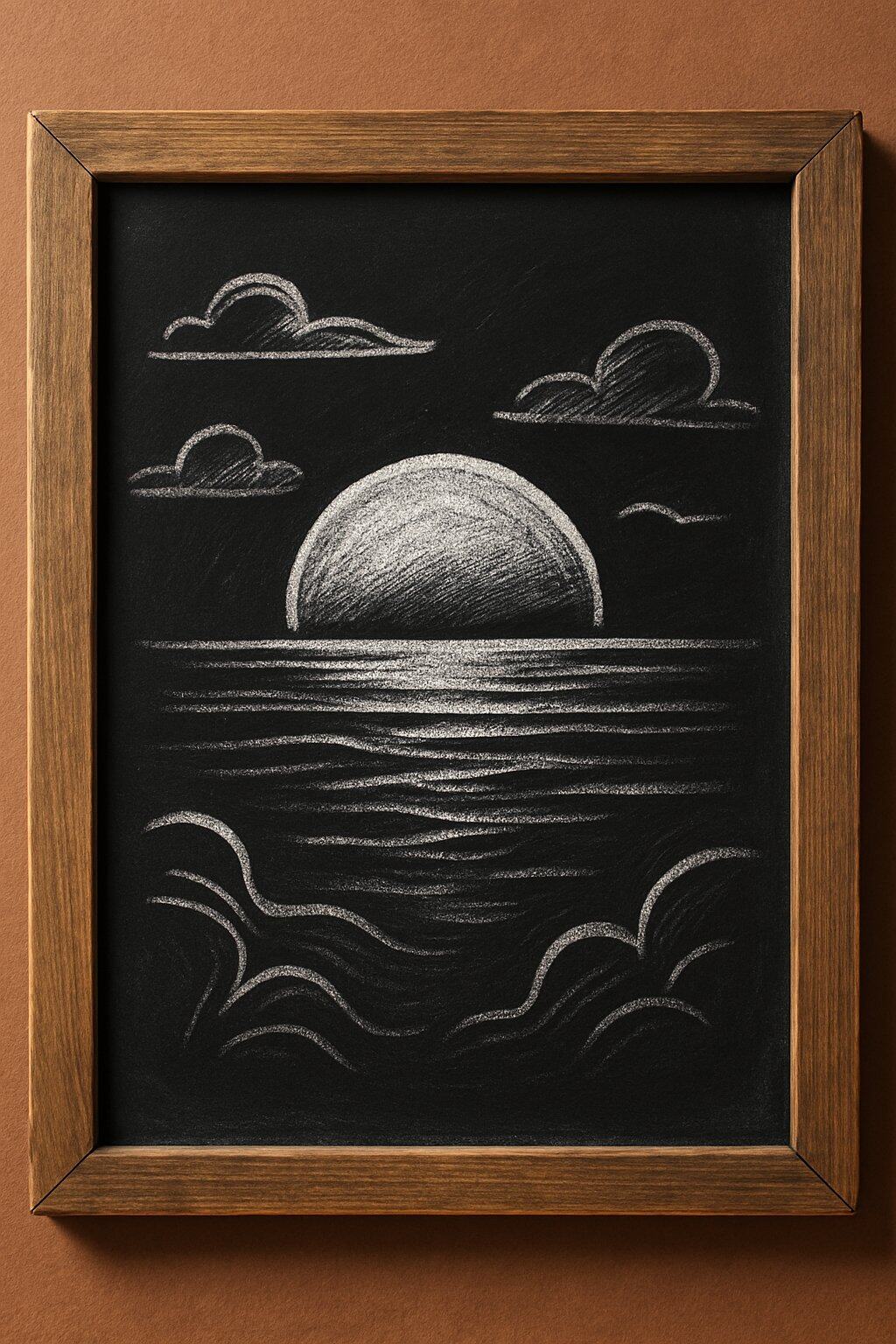 A framed chalk drawing depicts a sunset over the ocean, with clouds in the sky and waves on the water, all created with white chalk on a blackboard background.