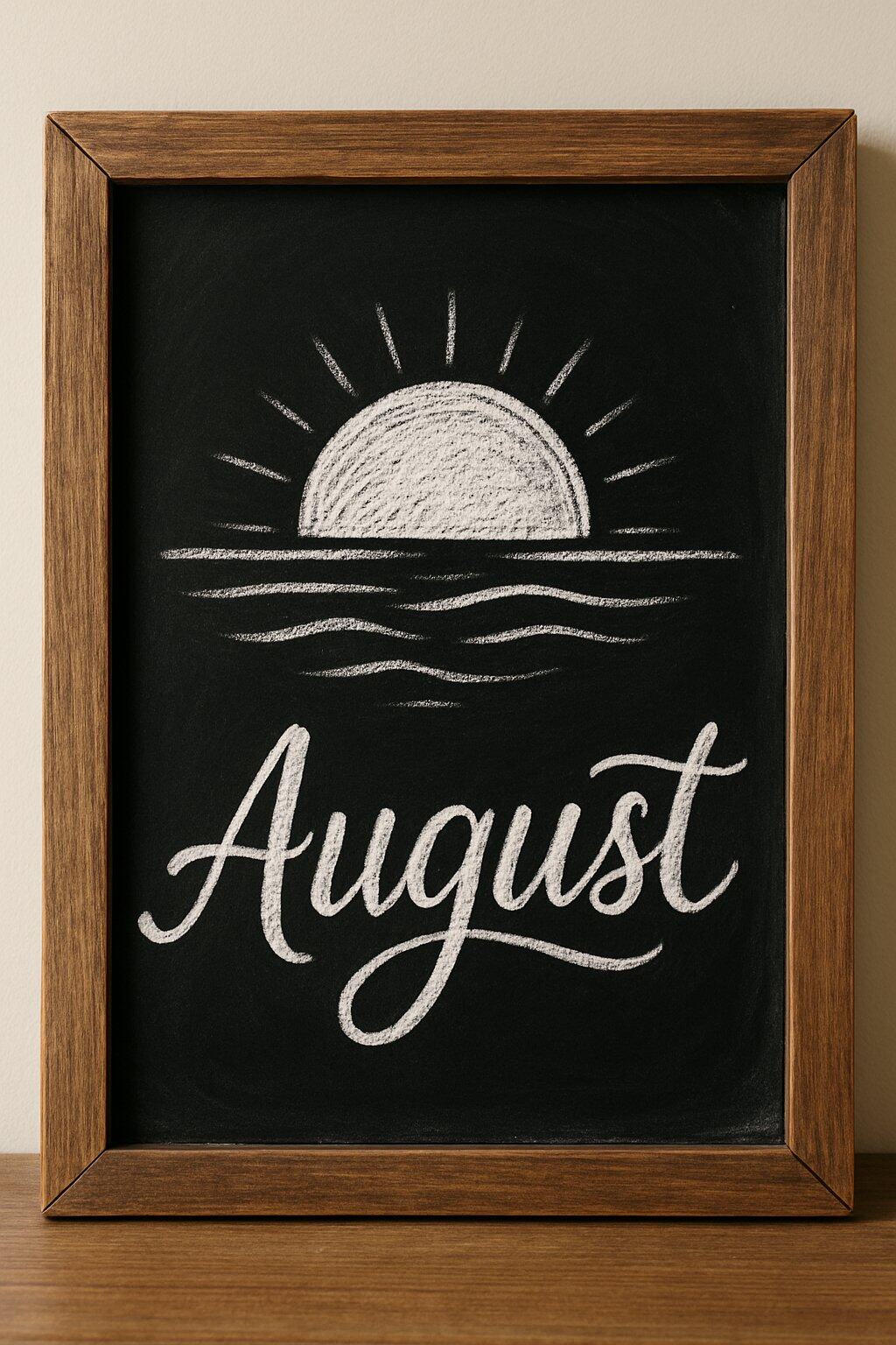 A framed chalkboard drawing of a sun rising or setting over wavy water, with the word "August" written below in large, cursive white letters.