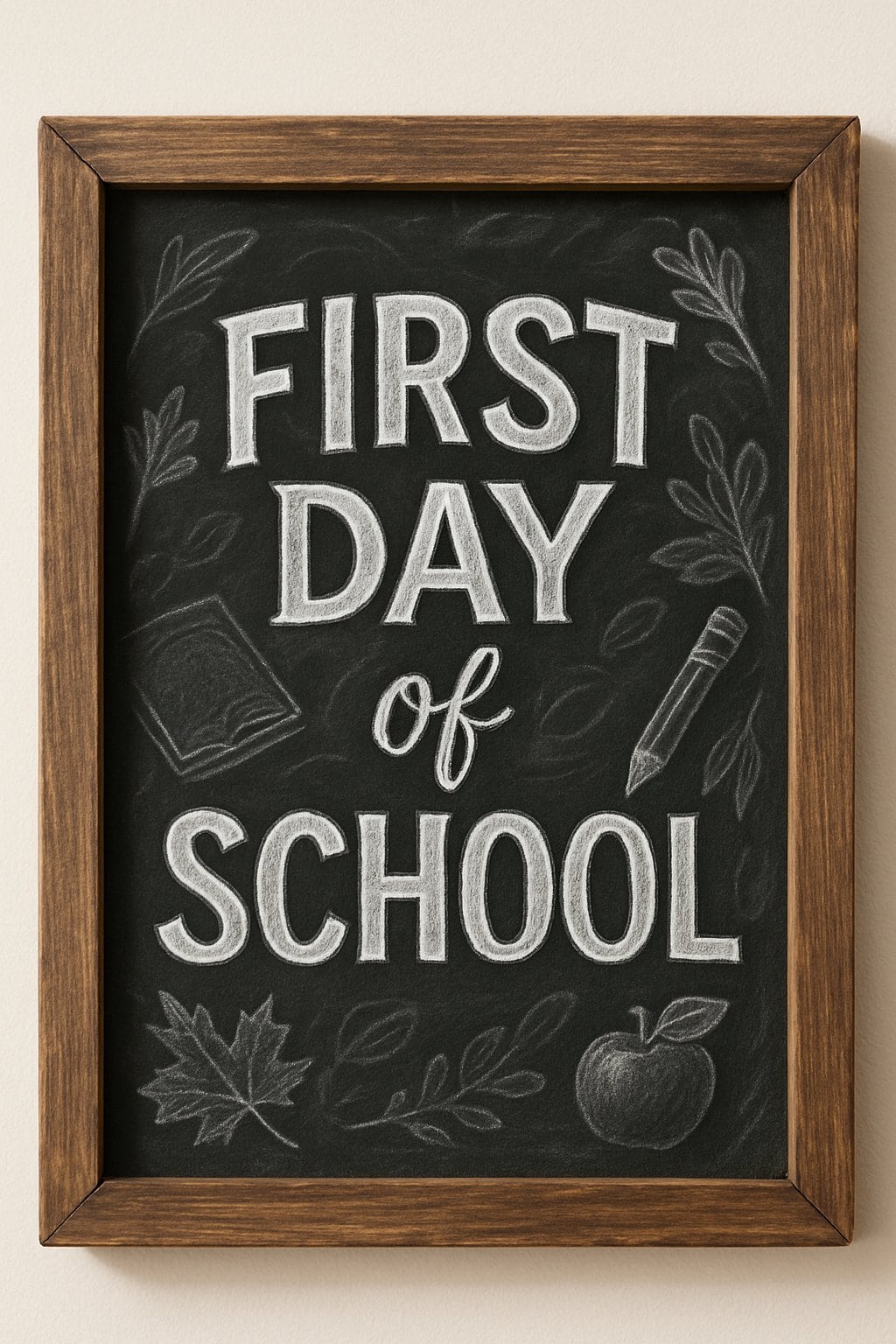 A framed chalkboard sign with "First Day of School" written in large white letters, surrounded by chalk drawings of a pencil, book, apple, and leaves.