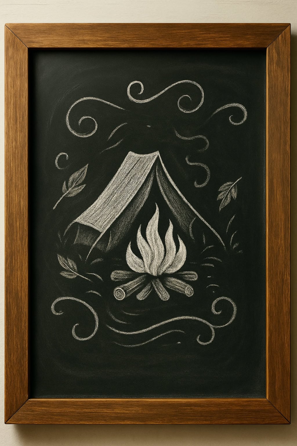A framed chalk drawing of a tent and a campfire, with swirling lines and leaves around them, on a blackboard background.