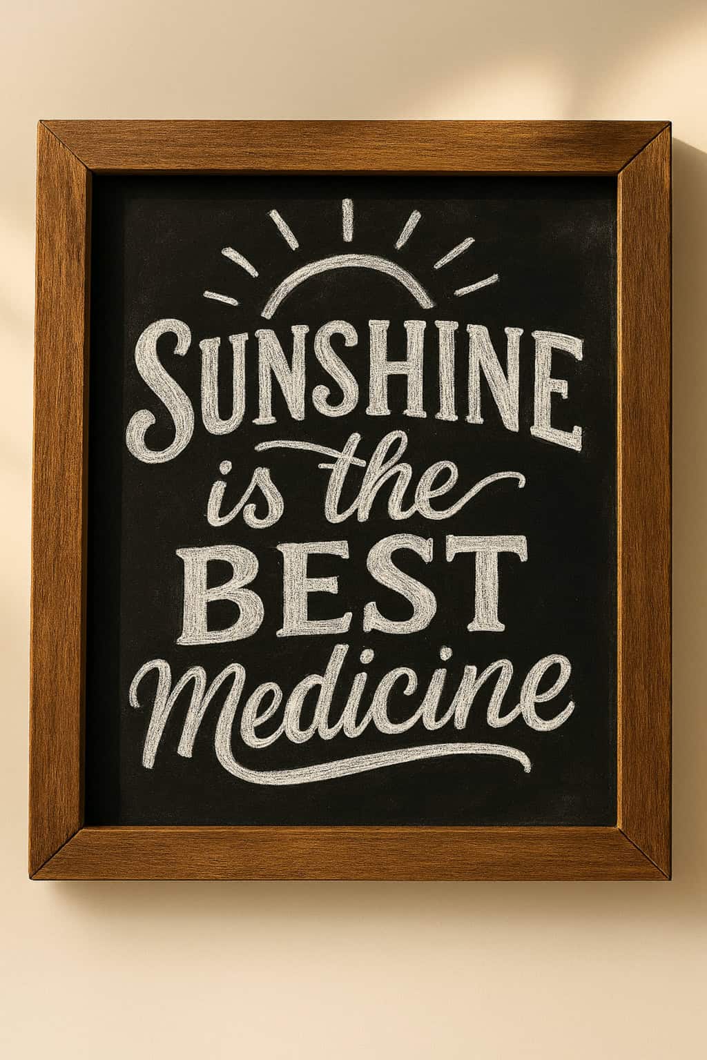A framed chalkboard sign with the handwritten message "Sunshine is the best medicine," decorated with sun rays above the word "sunshine.