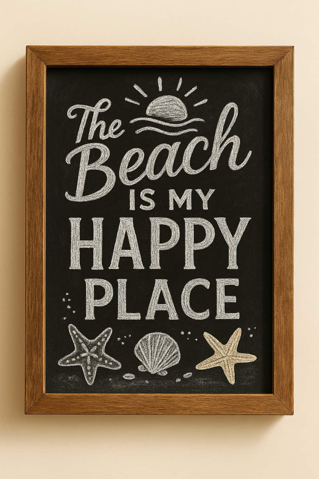 A framed chalkboard sign reads “The beach is my happy place” with drawings of a sun, waves, two starfish, and a seashell at the bottom.