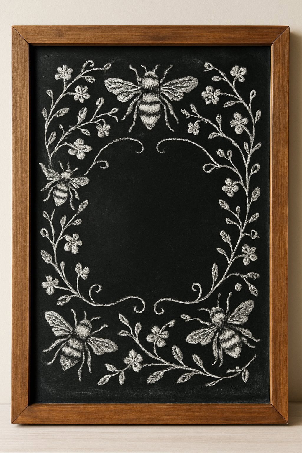 A chalkboard with a wooden frame displays white chalk drawings of bees and flowers forming a decorative oval border, leaving the center blank.