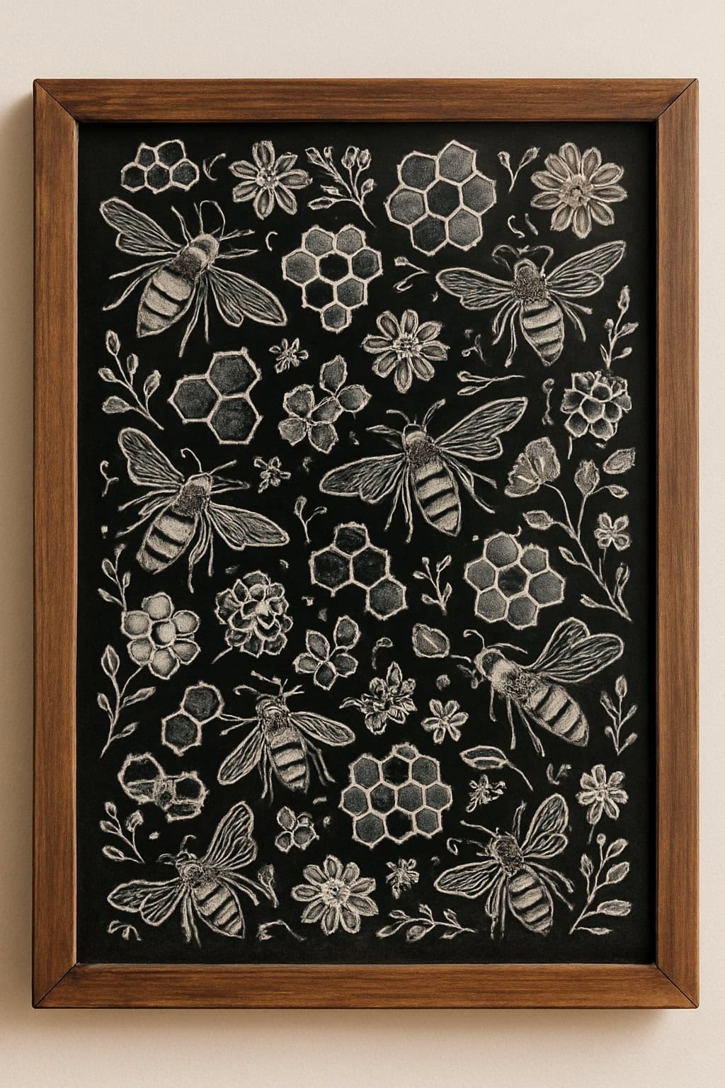 A framed artwork featuring chalk-style drawings of bees, honeycombs, and various flowers on a black background. The illustrations are detailed and arranged in a decorative, repeating pattern.