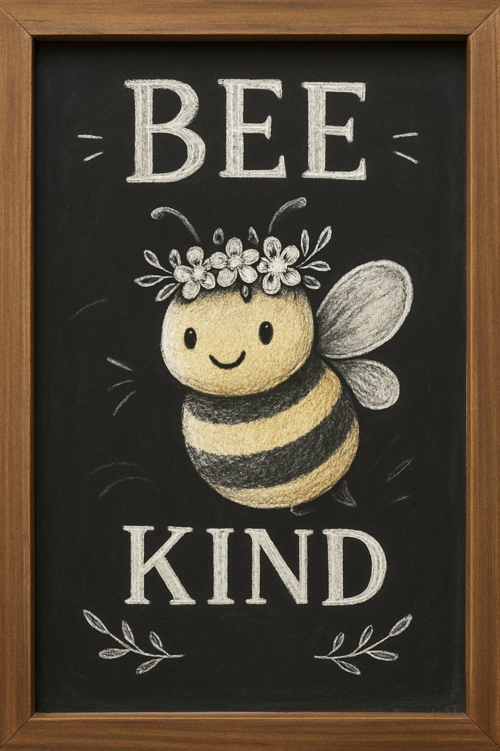 A chalkboard drawing of a cute, smiling bee with a flower crown and the phrase "BEE KIND" written above and below it, framed in wood.
