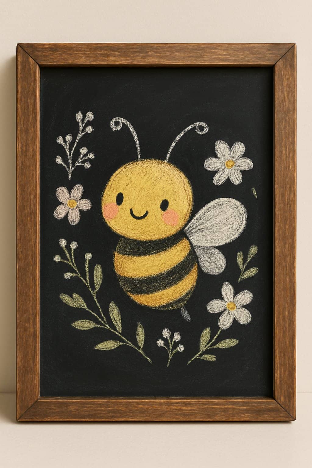 A framed chalkboard drawing of a cute, smiling cartoon bee with rosy cheeks, surrounded by white flowers and green leaves on a black background.