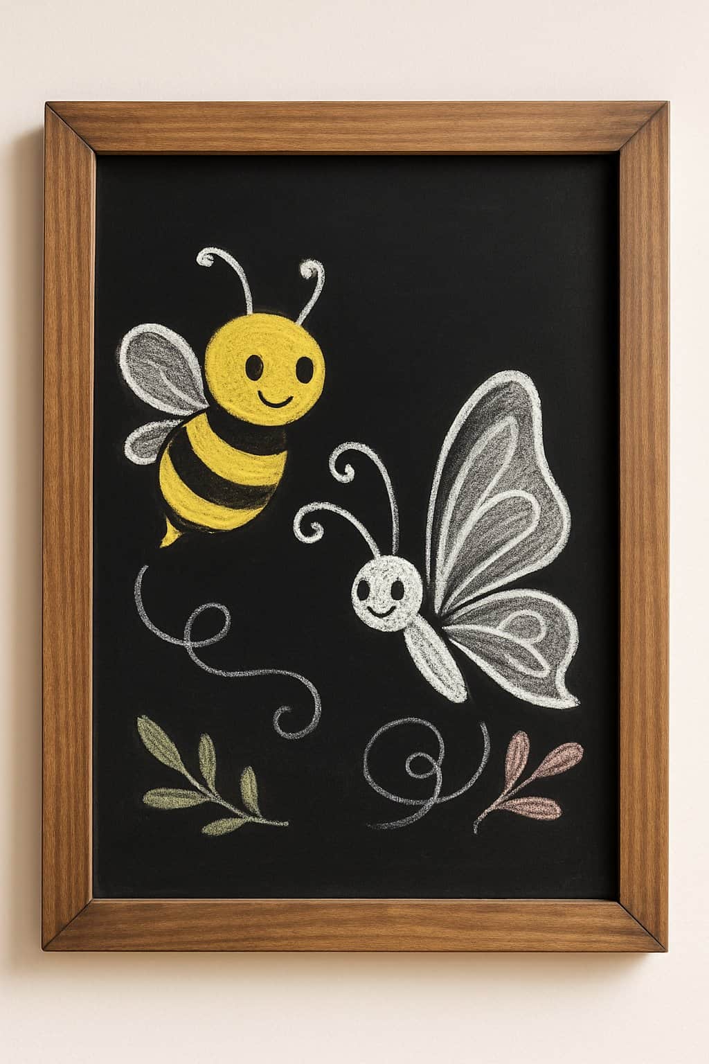 A framed chalkboard drawing of a smiling yellow bee and a white butterfly, both with swirly lines behind them, and simple leaf designs in the corners.