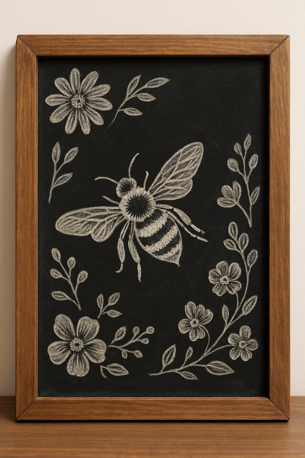 A framed chalk drawing of a bee surrounded by several flowers and leaves, all sketched in white on a black background. The artwork is displayed on a wooden surface against a light-colored wall.