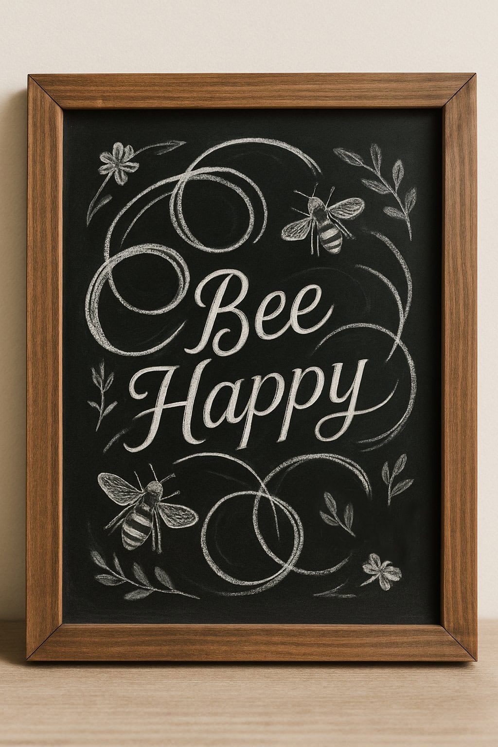 A framed chalkboard sign with decorative swirls, flowers, and bees, displaying the phrase "Bee Happy" in elegant script.