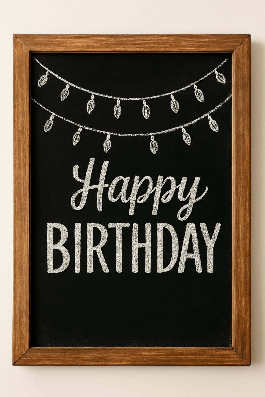A chalkboard sign with a wooden frame displays the words "Happy Birthday" in large, white chalk lettering below a garland of illustrated chalk lights.