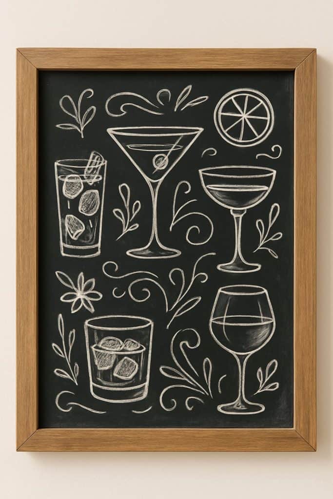 A framed chalkboard drawing of four different cocktail glasses, each with varying drinks and garnishes, surrounded by decorative swirls, leaves, and a citrus slice.