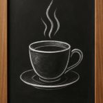 A chalk drawing of a steaming coffee cup on a saucer, depicted on a blackboard with a wooden frame.