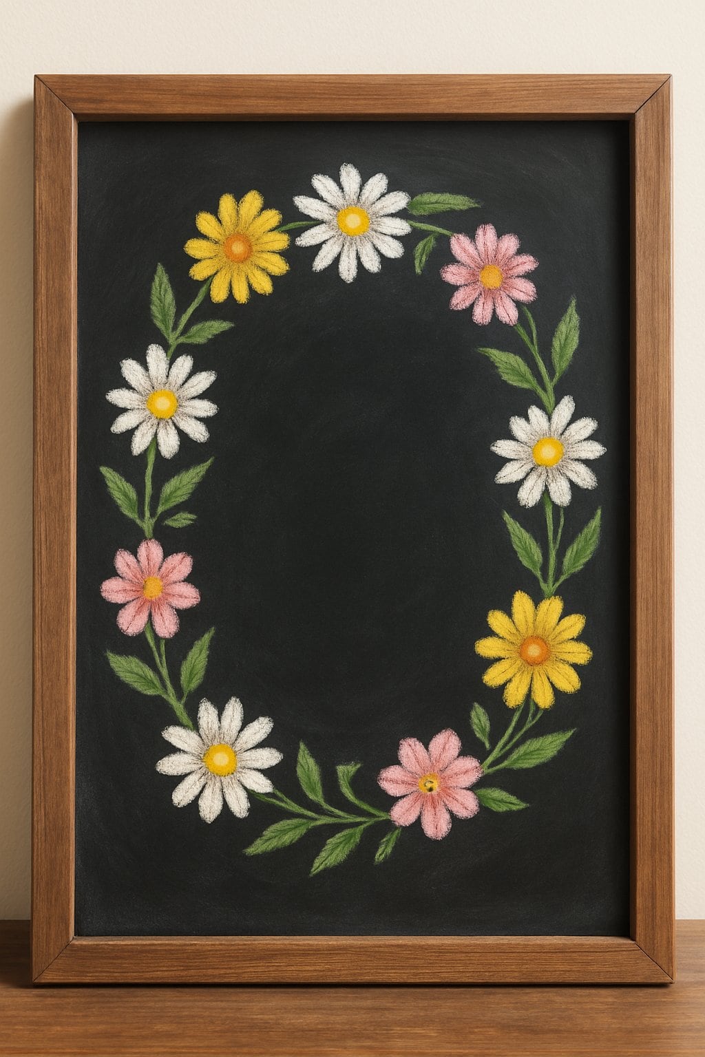 A framed chalkboard displays a colorful oval wreath of white, yellow, and pink daisies with green leaves, drawn in chalk, on a wooden surface. The center of the chalkboard is blank.