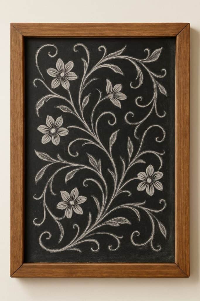 A wooden-framed chalkboard displays a white chalk drawing of five flowers connected by swirling stems and leaves, forming an elegant, decorative floral design.