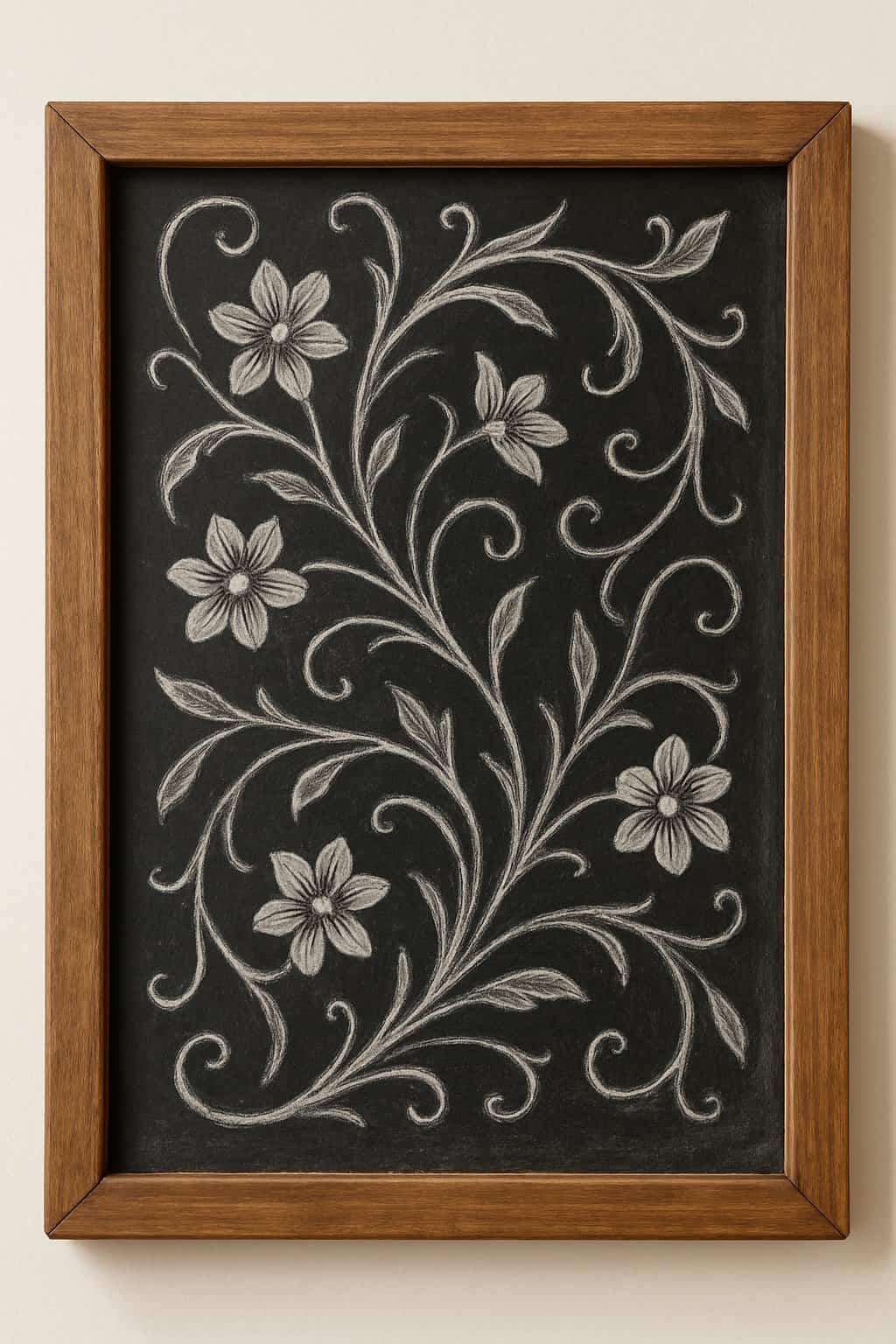 A wooden-framed chalkboard displays a white chalk drawing of five flowers connected by swirling stems and leaves, forming an elegant, decorative floral design.