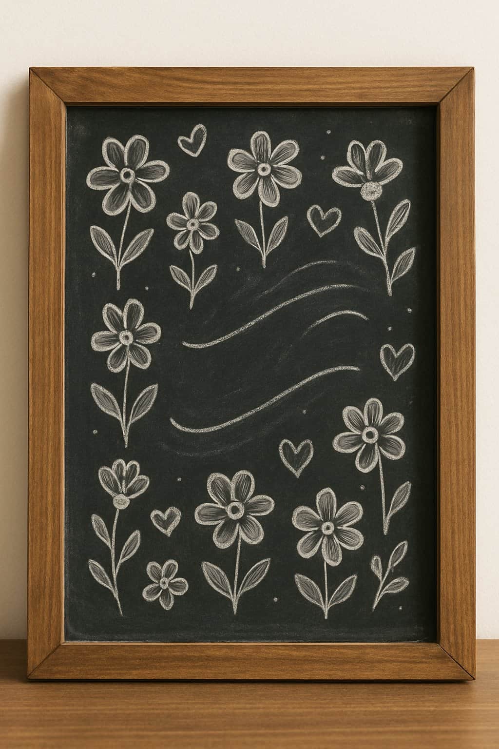 A framed blackboard sits on a wooden surface, decorated with white chalk drawings of flowers, hearts, and swirling lines.
