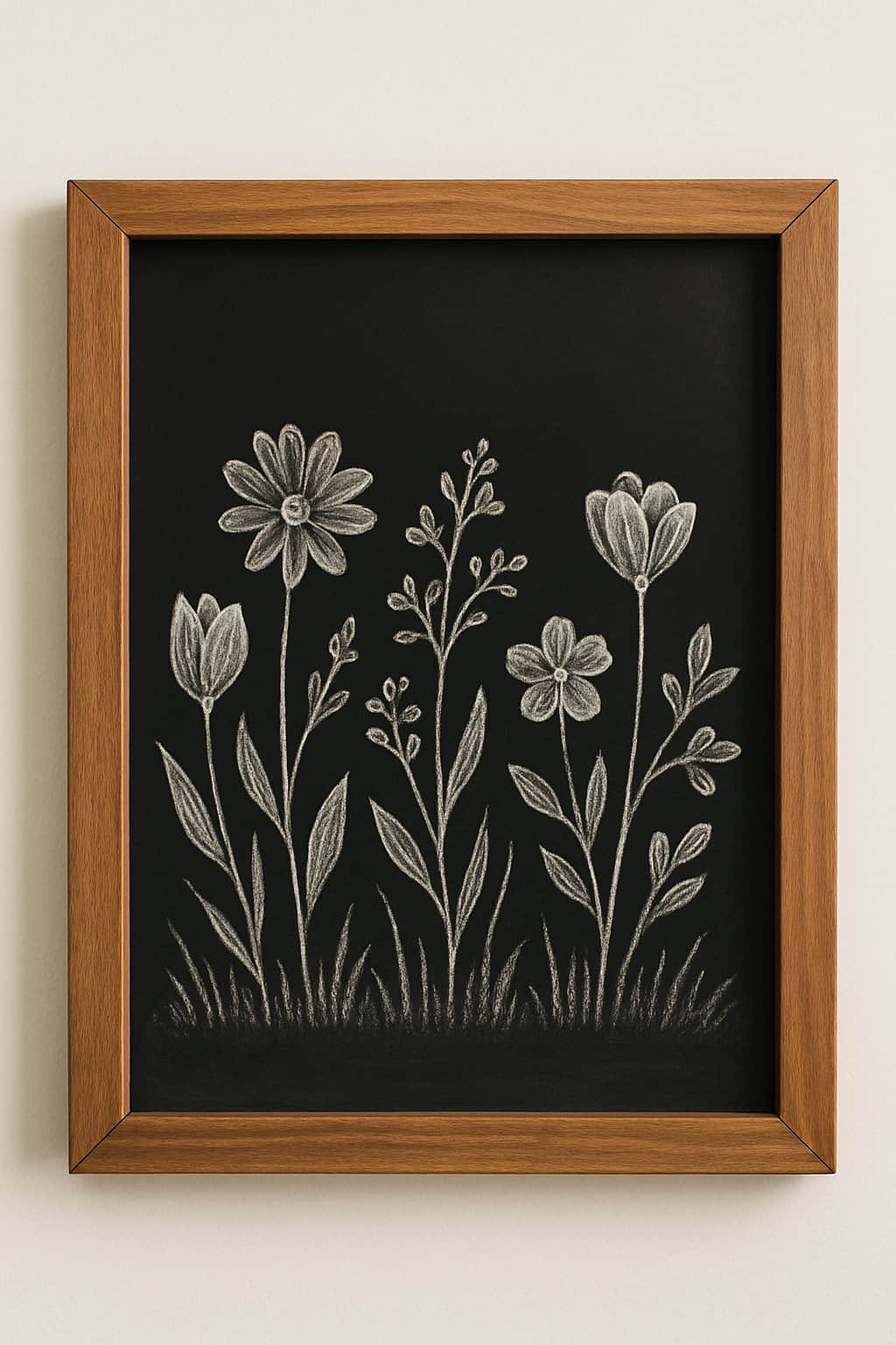 Framed chalkboard drawing of five simple, white, hand-drawn flowers and leaves on black background, with a brown wooden frame.