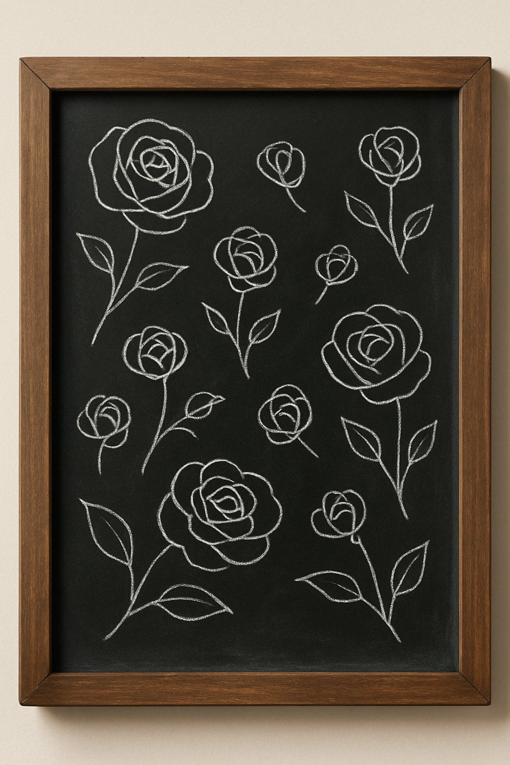 A framed chalkboard displays multiple white chalk sketches of roses with stems and leaves, each flower drawn in a simple, stylized manner on a black background.