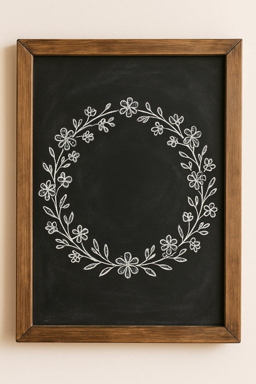 A wooden-framed chalkboard displays a hand-drawn white floral wreath with various flowers and leaves, forming a circular pattern in the center. The background is plain and the inside of the wreath is empty.