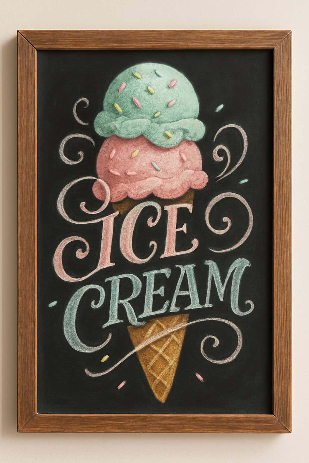 A framed chalkboard drawing of an ice cream cone with two scoops—mint green and pink—topped with colorful sprinkles. The words “ICE CREAM” are written artistically below the cone.