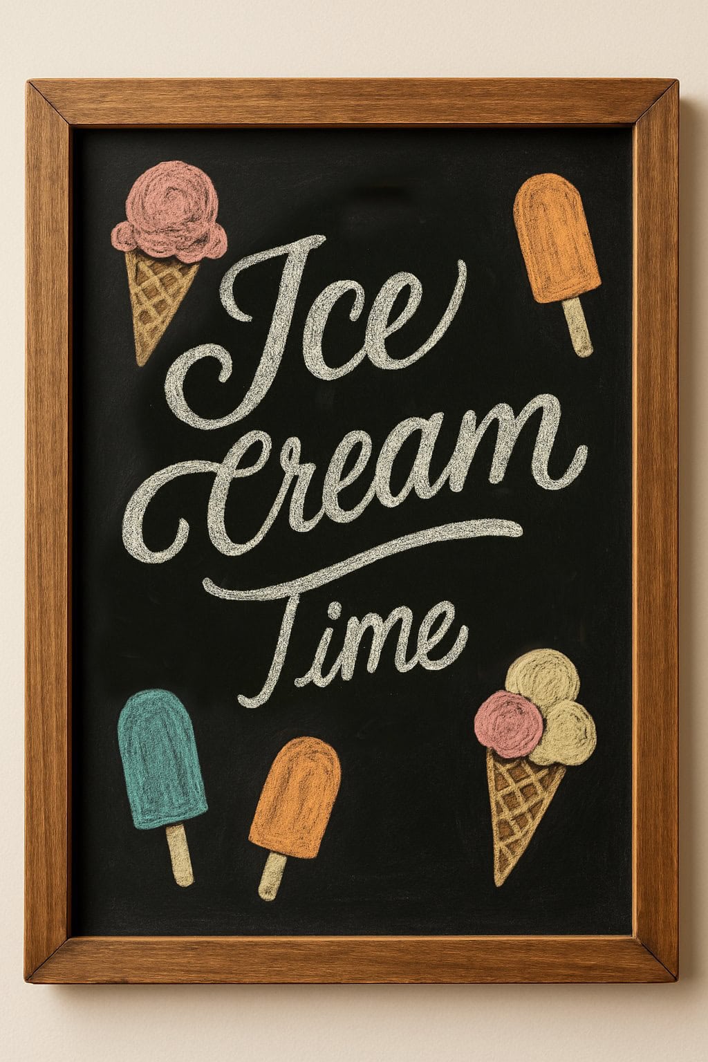 A framed chalkboard with the words “Ice Cream Time” in cursive, surrounded by colorful chalk drawings of ice cream cones and popsicles on a black background.