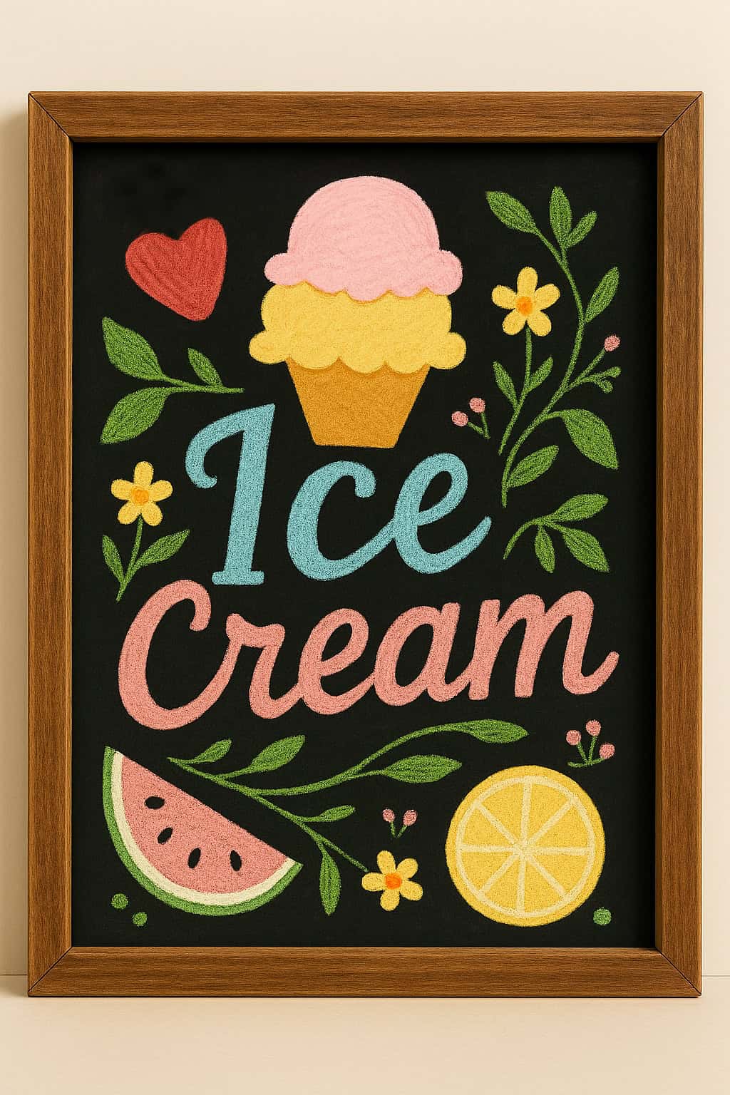 A framed chalkboard-style art featuring the words "Ice Cream" with illustrations of an ice cream cone, a heart, flowers, leaves, a watermelon slice, and a lemon slice.