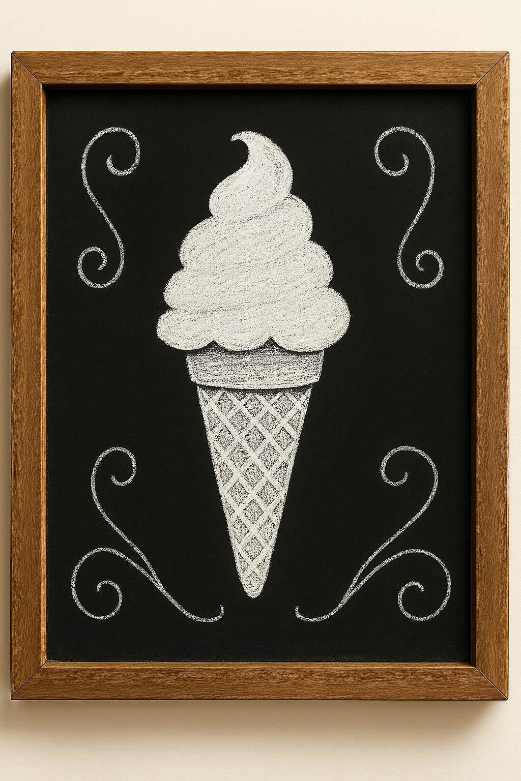 A framed chalk drawing of a soft-serve ice cream cone with decorative swirls on a blackboard background.
