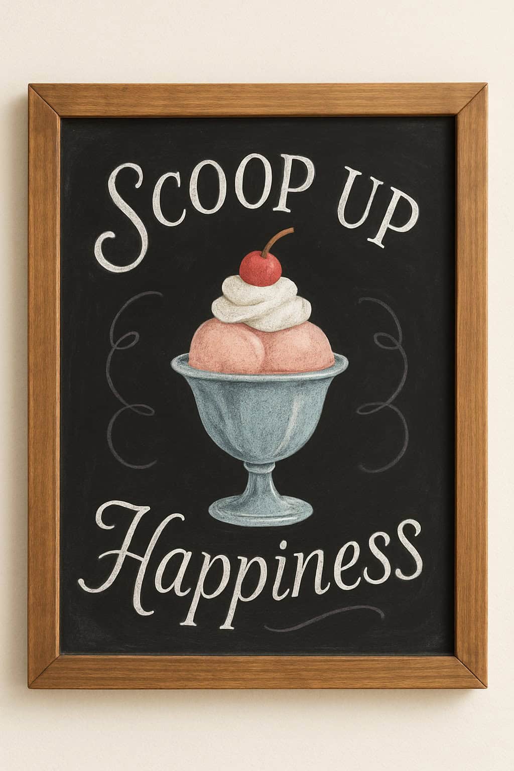 A framed chalkboard sign with an illustration of a sundae topped with whipped cream and a cherry, and the words “Scoop Up Happiness” written around it.