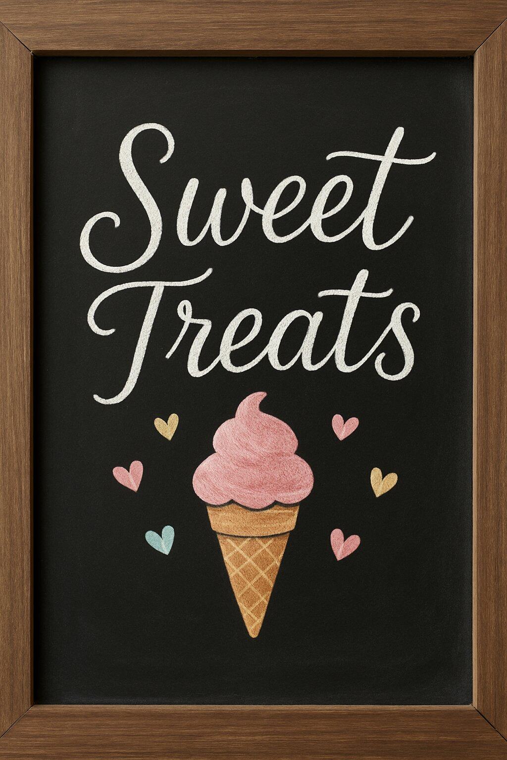 A chalkboard sign with the words "Sweet Treats" above a pink ice cream cone and colorful heart shapes, all framed in brown wood.