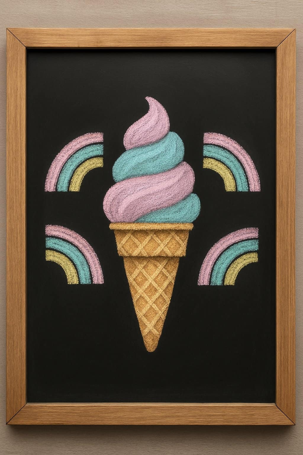 A framed chalkboard drawing of a pastel pink and blue ice cream cone, surrounded by four pastel-colored rainbows on a black background.