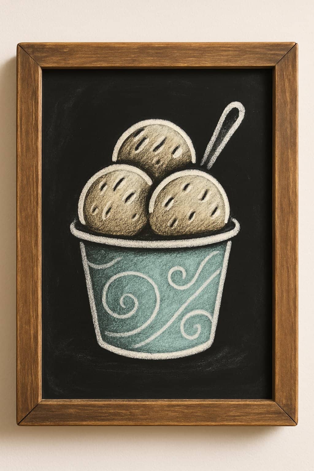 A framed chalk drawing of a blue cup with white swirls, holding three scoops of ice cream and a spoon, displayed against a plain background.