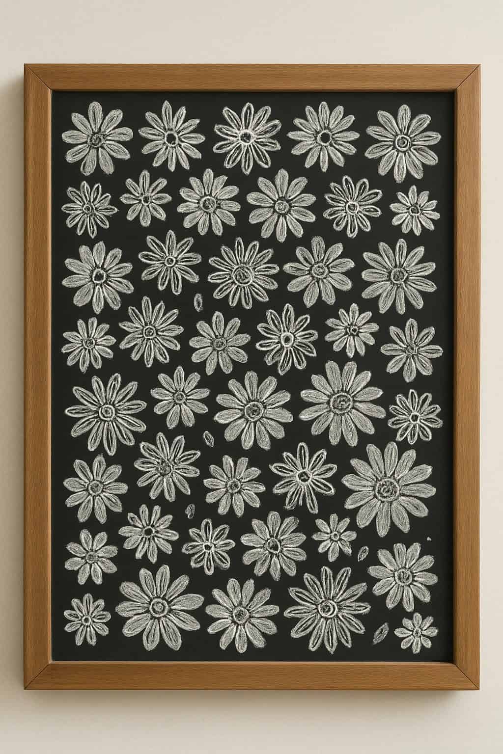 A framed artwork features a black background with numerous white daisy-like flowers drawn in various sizes and styles, arranged in neat rows across the entire surface.