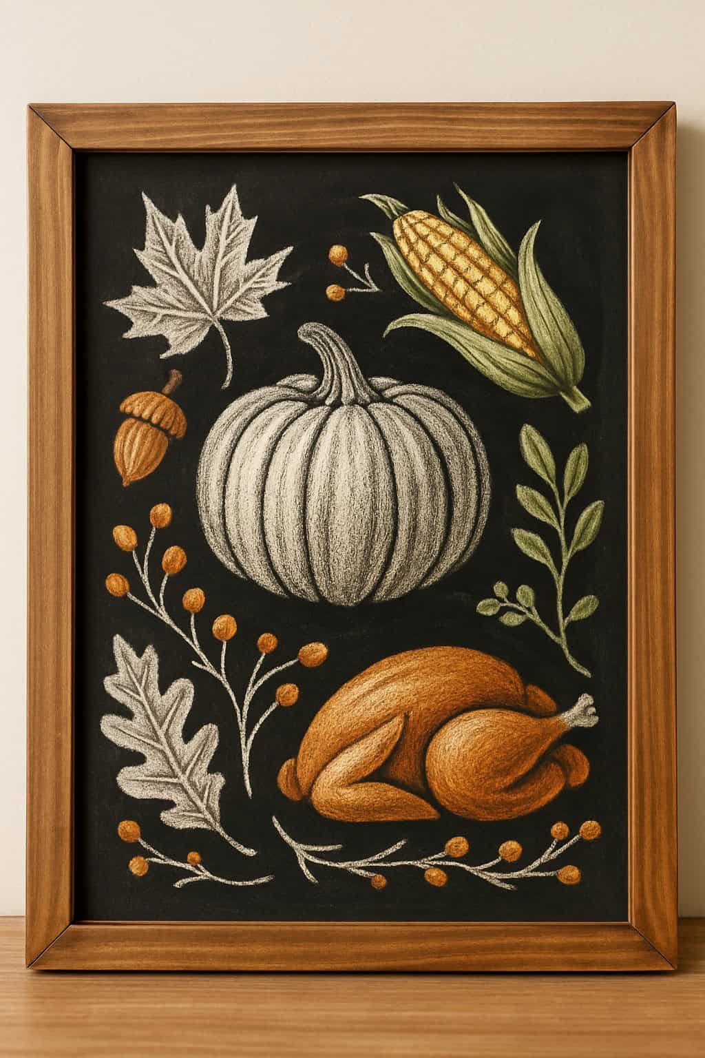 A framed chalkboard drawing featuring a white pumpkin, an ear of corn, a roast turkey, autumn leaves, acorns, and orange berries, all arranged in a festive fall-themed composition.