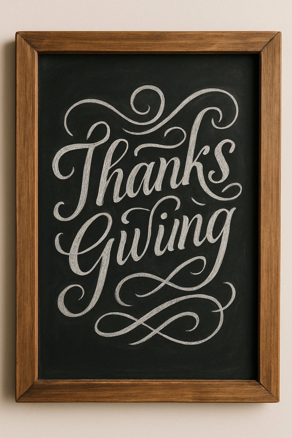 A framed chalkboard with elegant cursive lettering that reads "Thanks Giving" in white chalk.