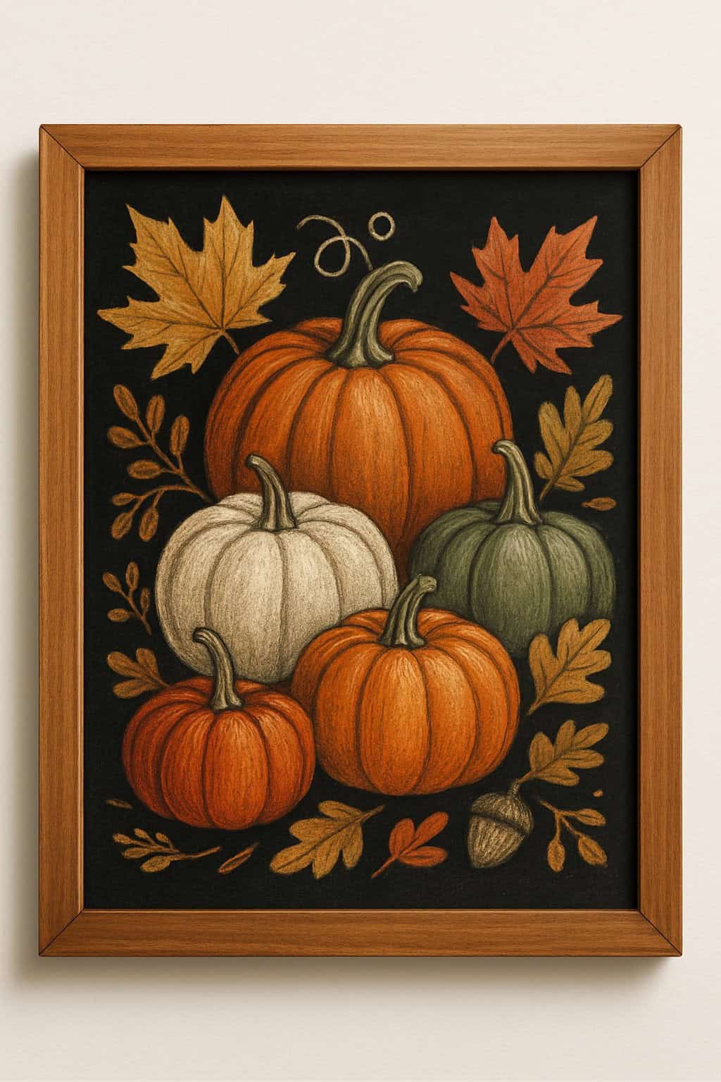 A framed illustration of orange, white, and green pumpkins surrounded by autumn leaves and an acorn, set against a black background. The frame is wooden and rectangular.